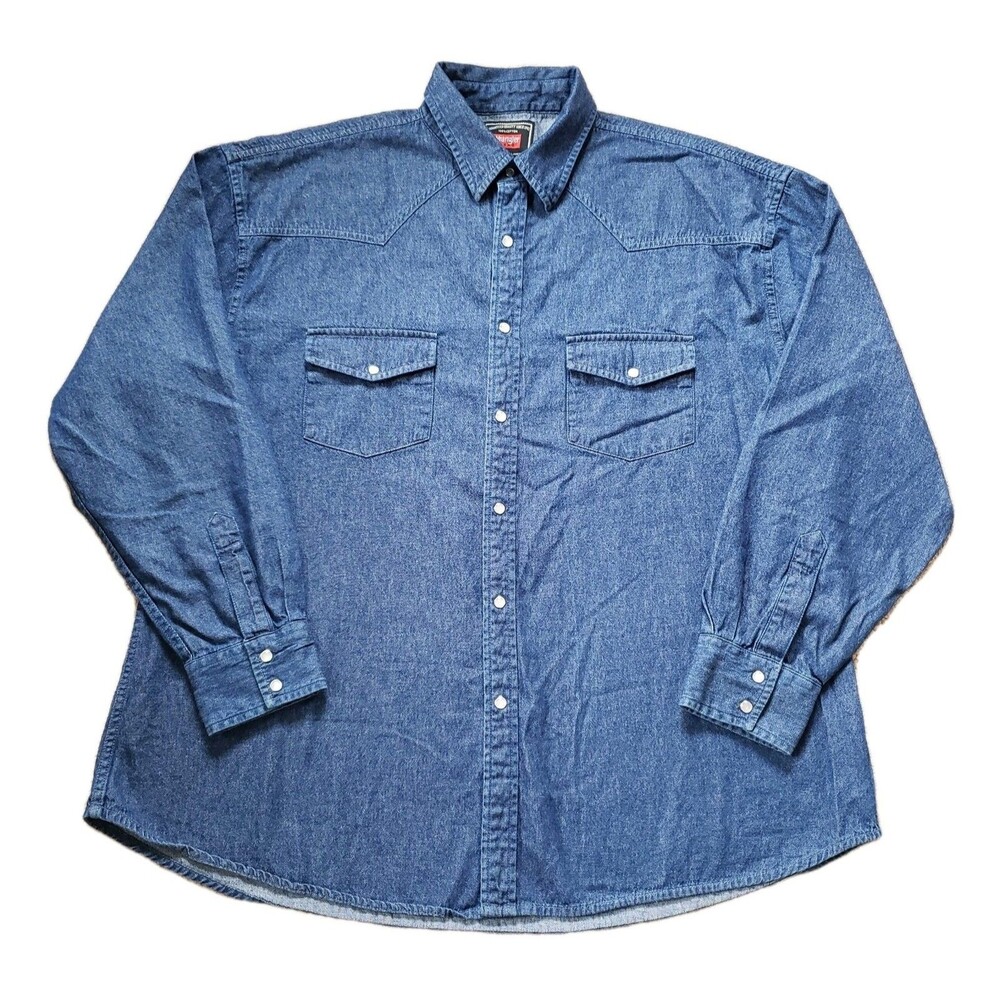 Vintage Y2K Wrangler Hero Sz XL Mens Denim Pearl Snap Button Up Long Sleeve